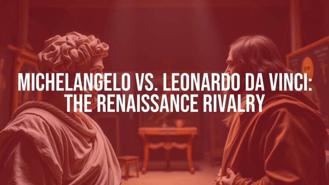 Michelangelo and Leonardo da Vinci facing each other in a Renaissance art studio, intense rivalry, dramatic lighting, realistic.