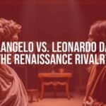Michelangelo and Leonardo da Vinci facing each other in a Renaissance art studio, intense rivalry, dramatic lighting, realistic.