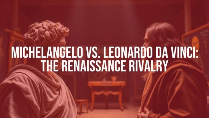 Michelangelo and Leonardo da Vinci facing each other in a Renaissance art studio, intense rivalry, dramatic lighting, realistic.