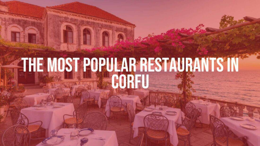 A charming Corfu restaurant with Venetian-style architecture, outdoor seating under a pergola, tables set with Greek dishes, blue Ionian Sea in the background, warm sunset lighting, realistic.