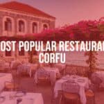 A charming Corfu restaurant with Venetian-style architecture, outdoor seating under a pergola, tables set with Greek dishes, blue Ionian Sea in the background, warm sunset lighting, realistic.