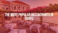 A charming Corfu restaurant with Venetian-style architecture, outdoor seating under a pergola, tables set with Greek dishes, blue Ionian Sea in the background, warm sunset lighting, realistic.
